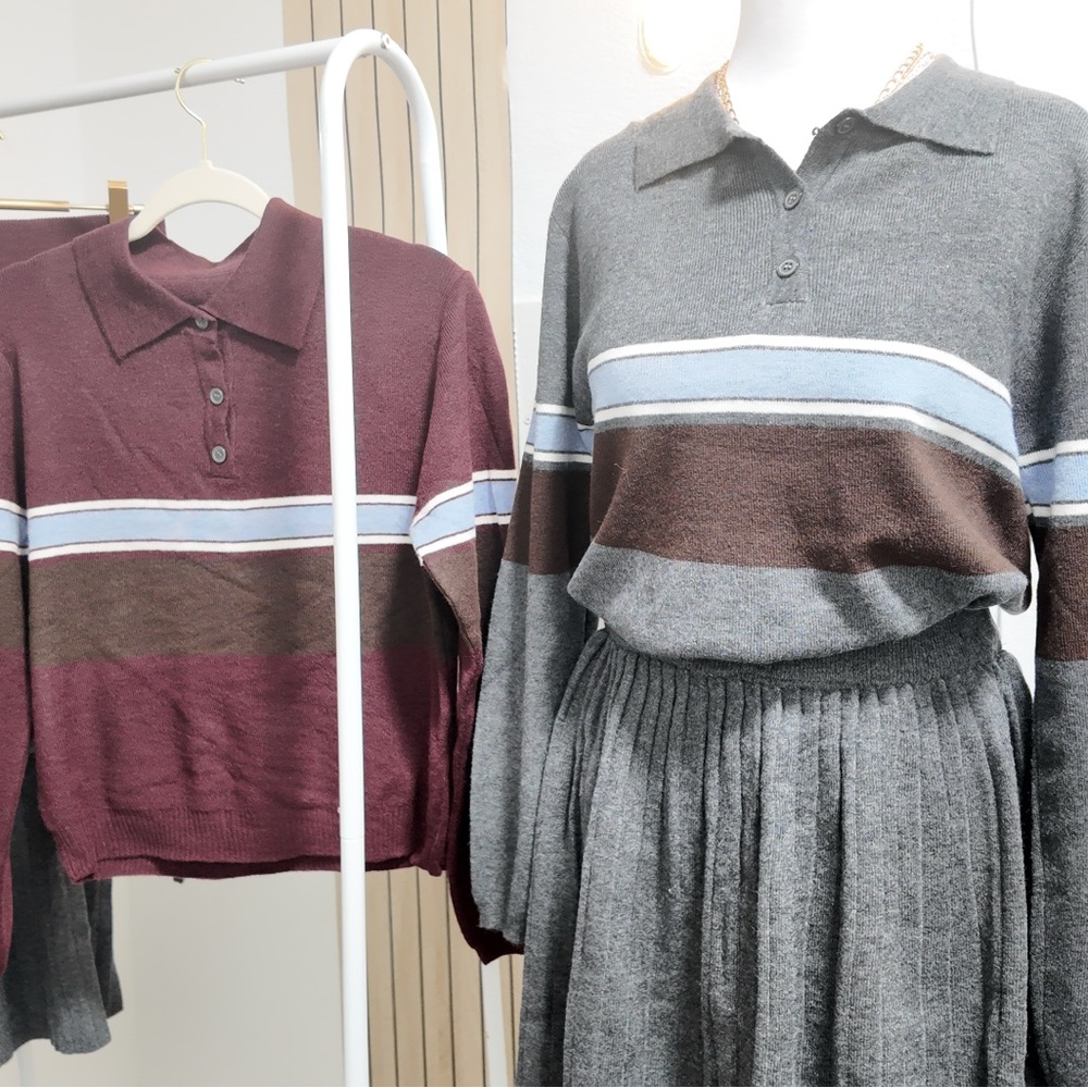 Gray and Burgundy Striped Women's Sweater